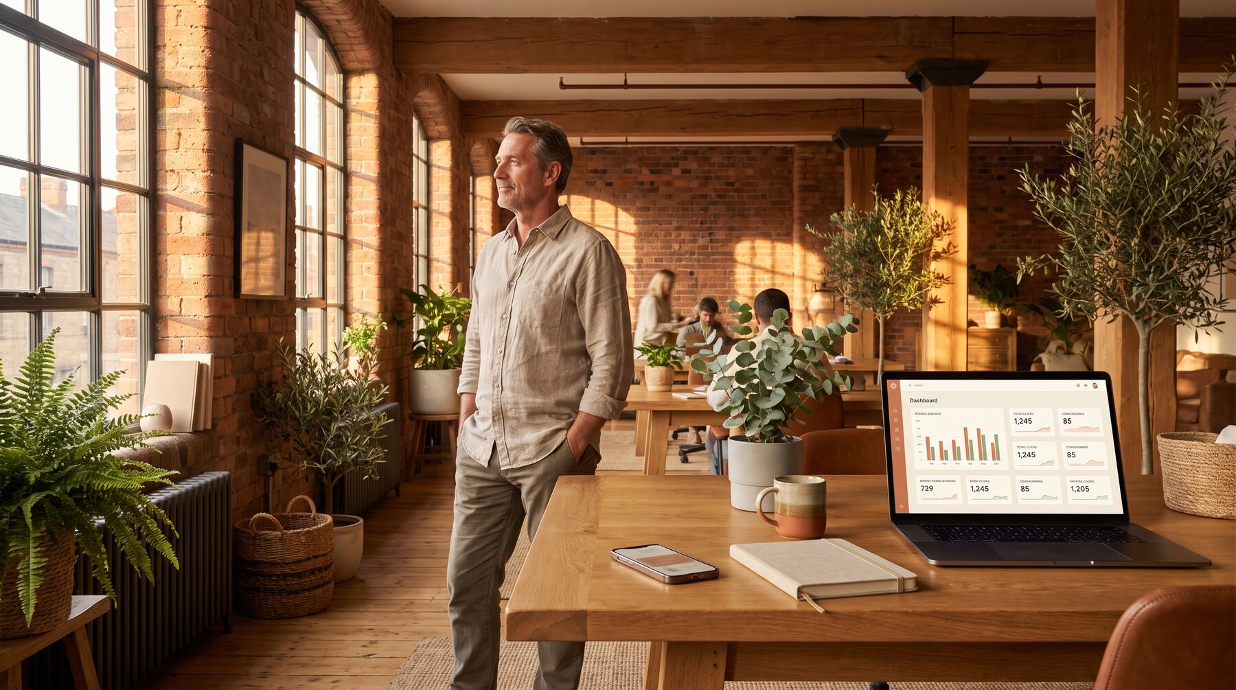 Small business owner relaxed at a warm timber office window while voice AI handles after-hours customer calls on his phone