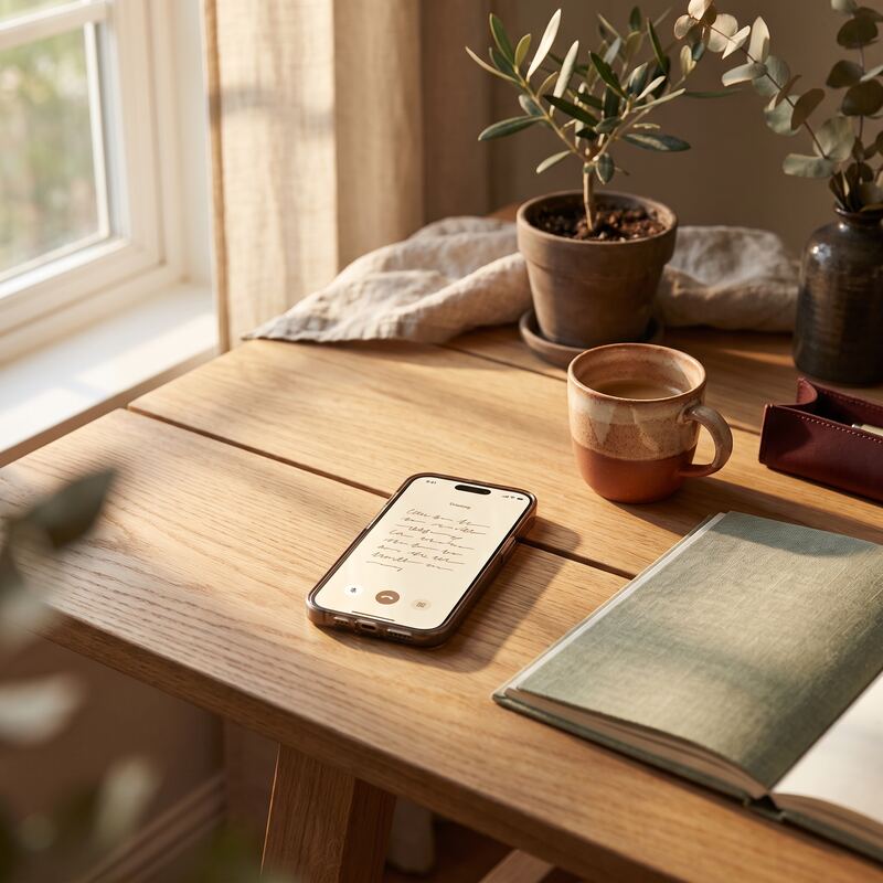 Smartphone on a timber desk taking an after-hours business call handled by a voice AI answering service Smartphone on a timber desk taking an after-hours business call handled by a voice AI answering service