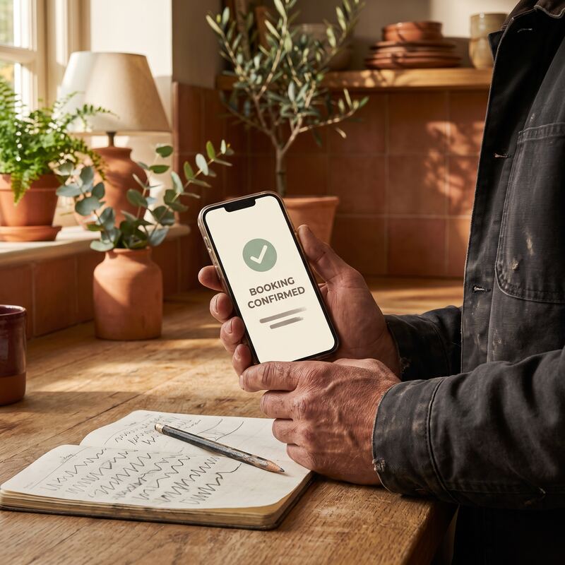Tradesperson reviewing an appointment booked automatically by voice AI phone answering for a small business Tradesperson reviewing an appointment booked automatically by voice AI phone answering for a small business