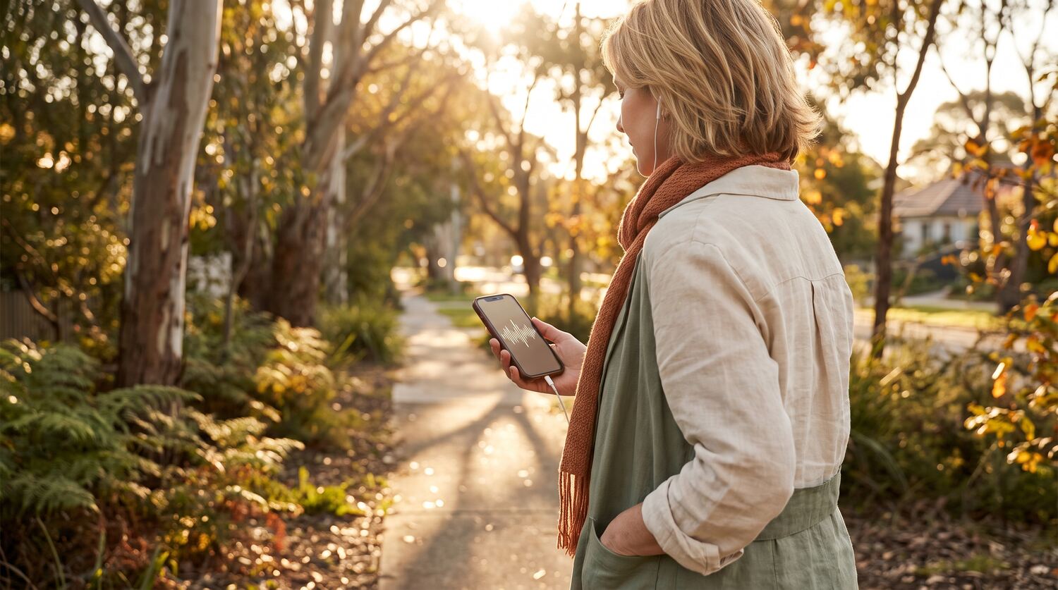 Business owner recording voice notes on a morning walk to turn spoken ideas into blog and social media content with AI