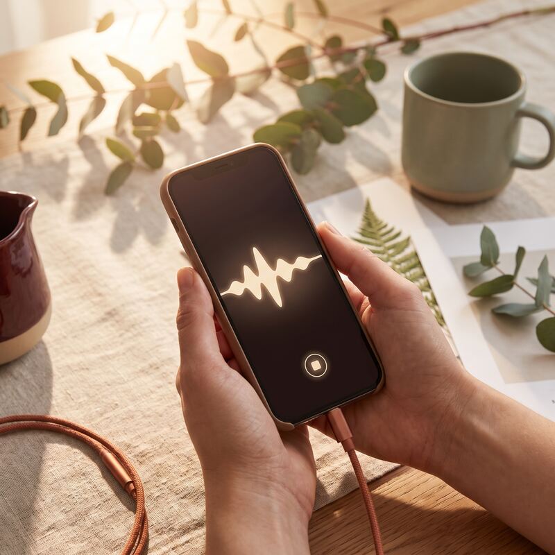 Phone recording a voice memo during a walk, capturing spoken ideas for AI-powered small business content creation Phone recording a voice memo during a walk, capturing spoken ideas for AI-powered small business content creation