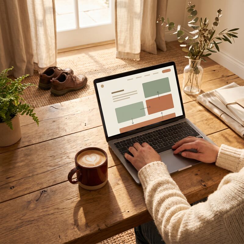 Laptop turning a walk's voice transcript into multiple blog posts and social content pieces using AI workflows Laptop turning a walk's voice transcript into multiple blog posts and social content pieces using AI workflows