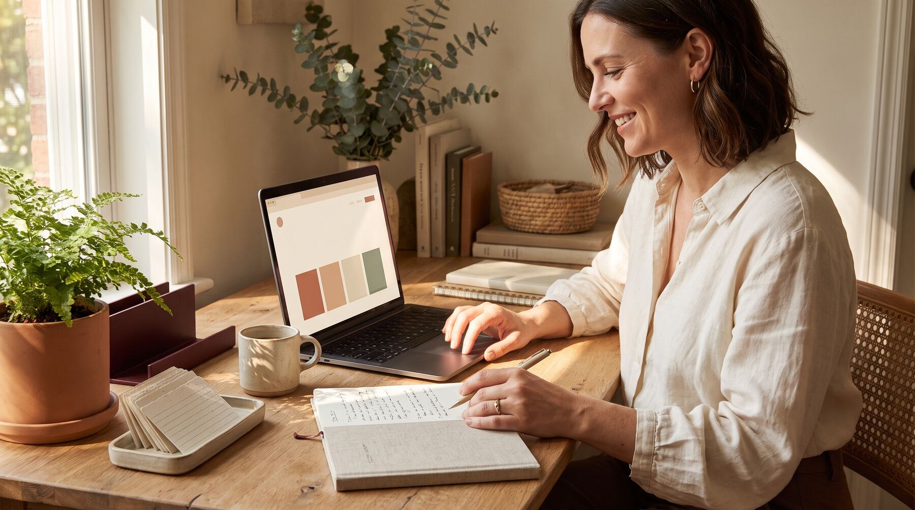 Small business owner reviewing a library of Claude Skills AI automation instructions on a laptop in a warm home office