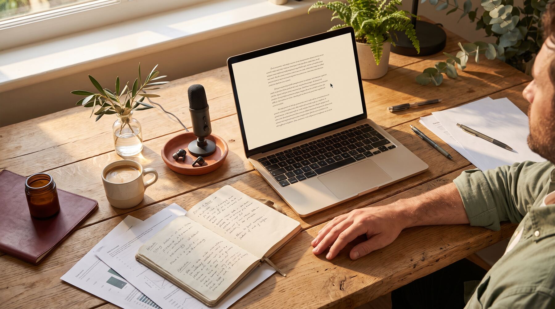 Speech-to-text workspace with microphone, earbuds and laptop showing dictated text — Wispr Flow productivity for entrepreneurs