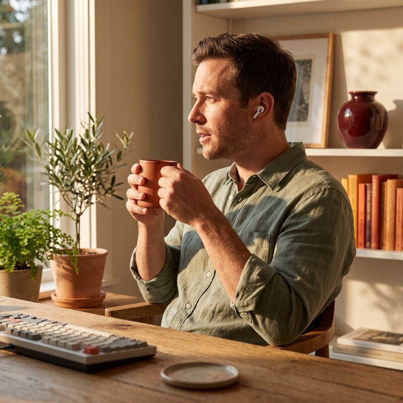 Business professional thinking aloud with speech-to-text dictation, hands off the keyboard in a warm Australian office Business professional thinking aloud with speech-to-text dictation, hands off the keyboard in a warm Australian office