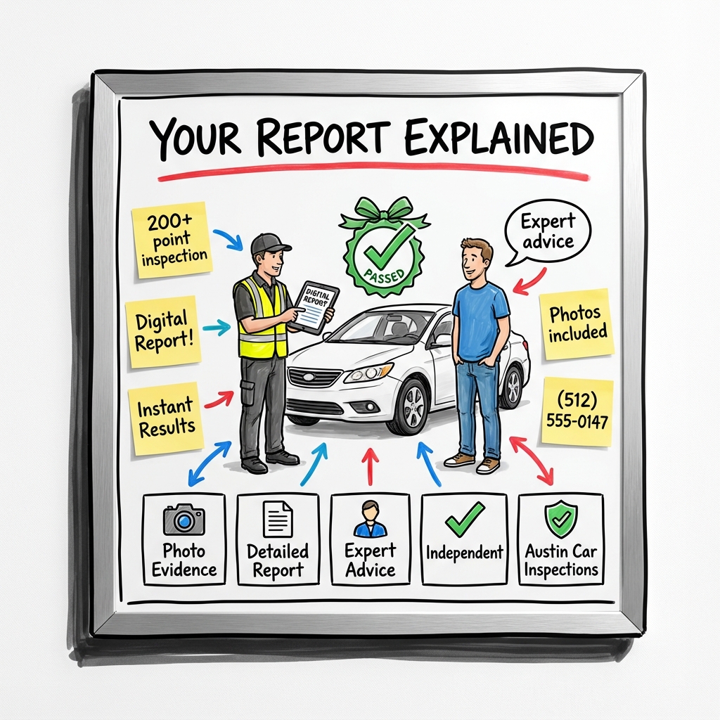 Austin Car Inspections - Your Report Explained whiteboard graphic