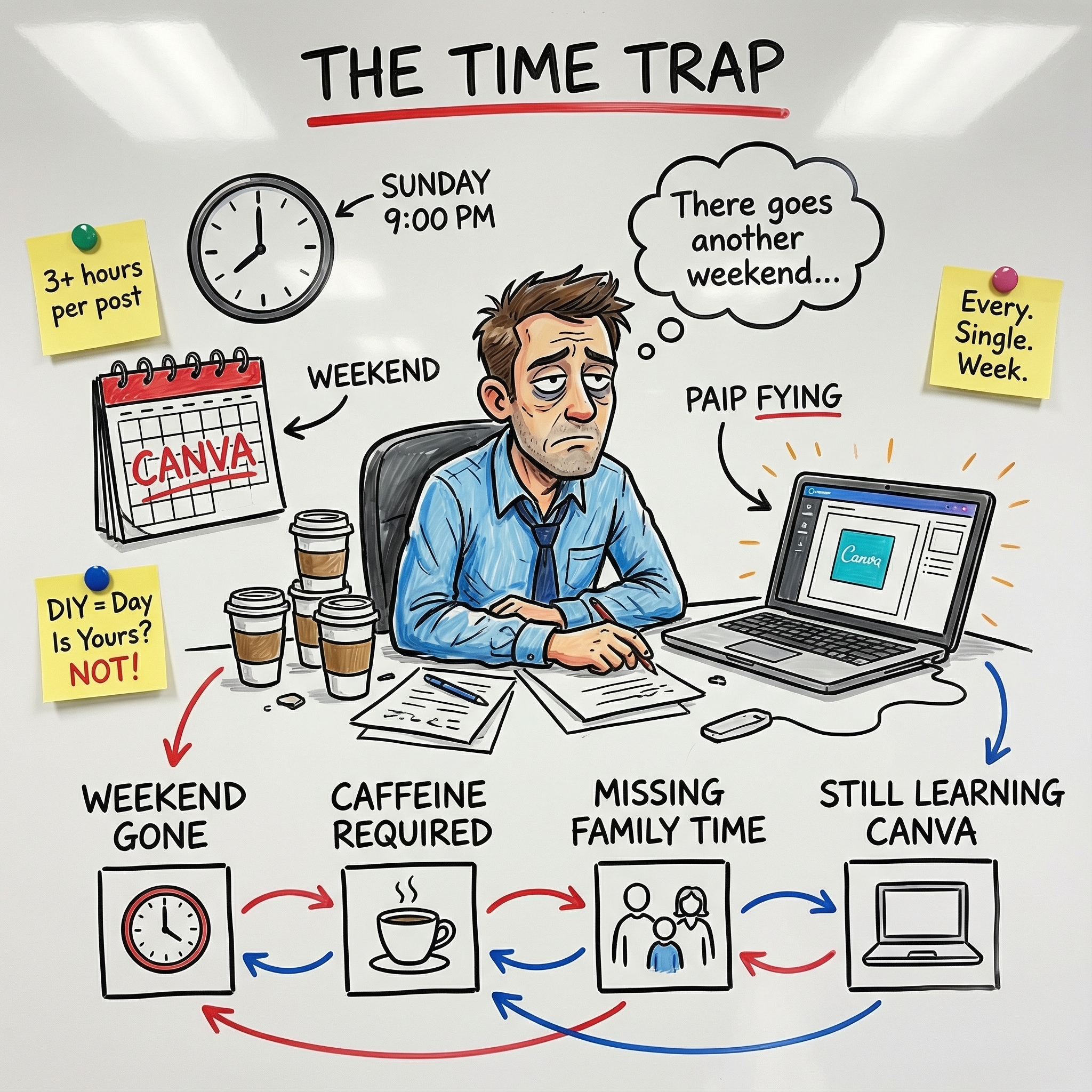 Exhausted business owner fighting with Canva on Sunday