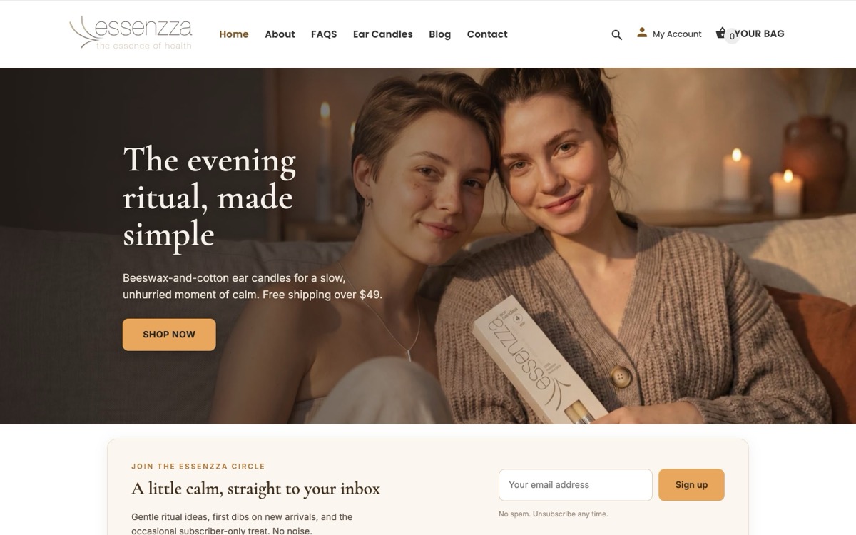 Essenzza ear candles health and wellness store — Shopify storefront built and run by Smash It Marketing