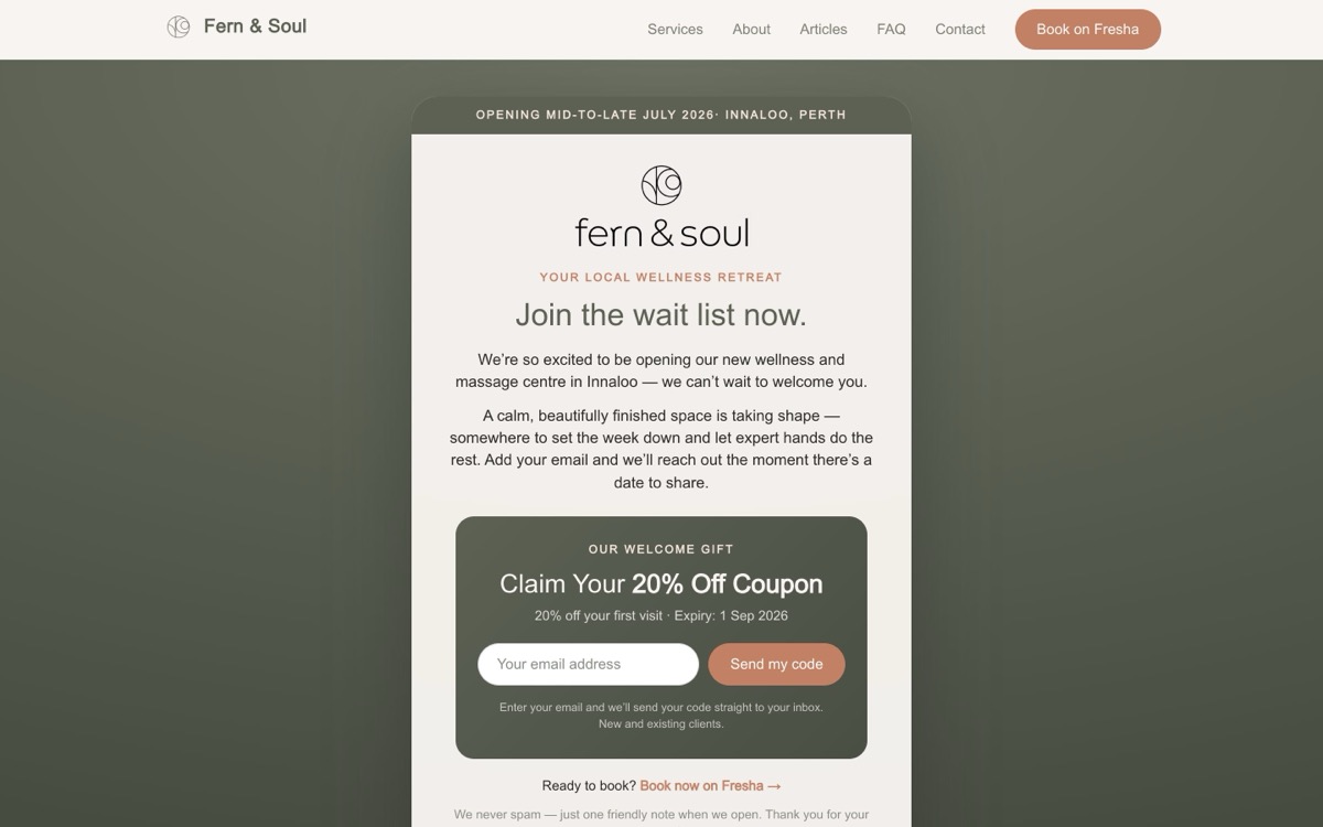 Fern & Soul Perth massage and wellness retreat — local service website built by Smash It Marketing